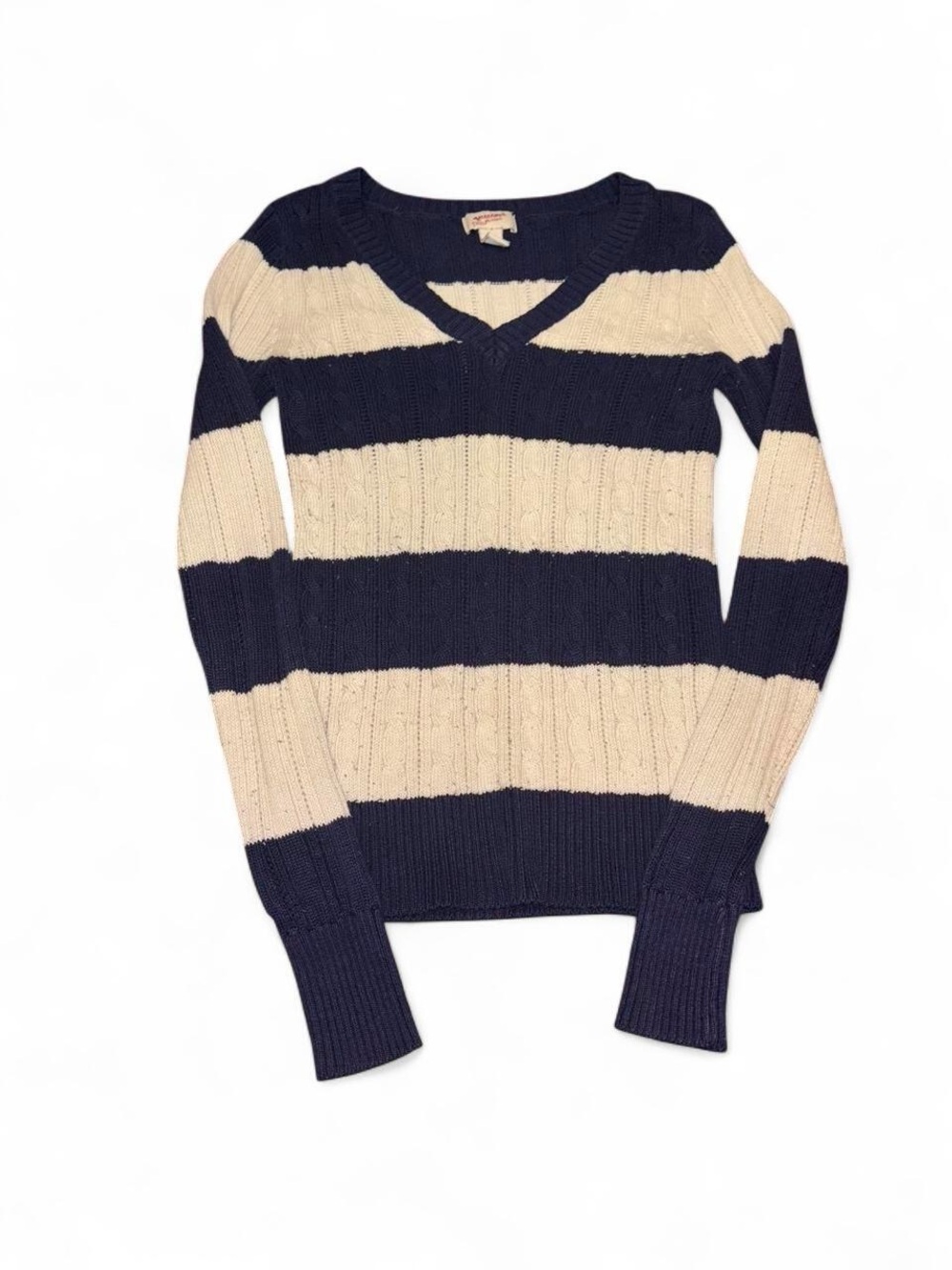 Arizona Jean Company Striped V-Neck Sweater - Navy & Cream